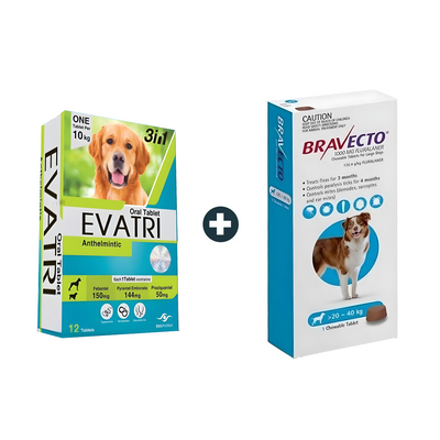 EVATRI Dog De-worming Tablets + Bravecto MSD 20-40Kg Flea & Tick Treatment
