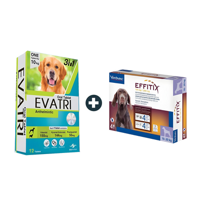 EVATRI Dog De-worming Tablets + Effitex Virbac 10-20Kg Spot On Flea Solution