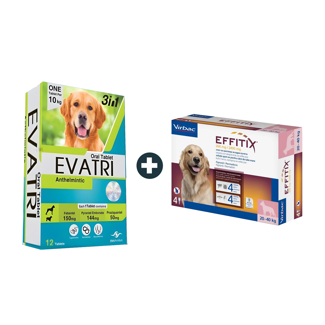 EVATRI Dog De-worming Tablets + Effitex Virbac 20-40Kg Spot On Flea Solution