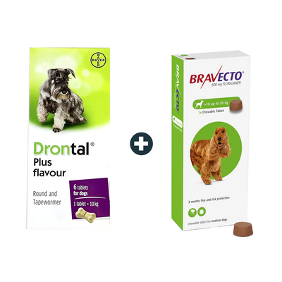 Drontal Dog De-worming Tablets (2 Tablets) + Bravecto MSD 10-20Kg Flea & Tick Treatment