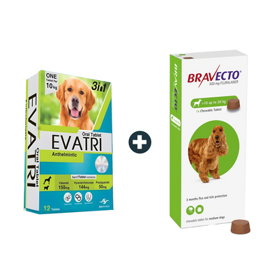 EVATRI Dog De-worming Tablets + Bravecto MSD 10-20Kg Flea & Tick Treatment