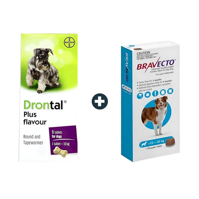 Drontal Dog De-worming Tablets (3 Tablets) + Bravecto MSD 20-40Kg Flea & Tick Treatment