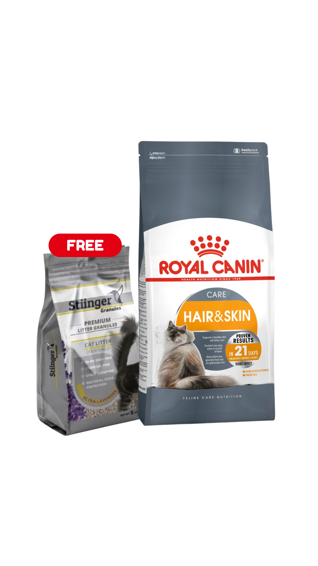 Hair and Skin 4kg or 10kg + FREE Stiinger Premium Litter 4kg