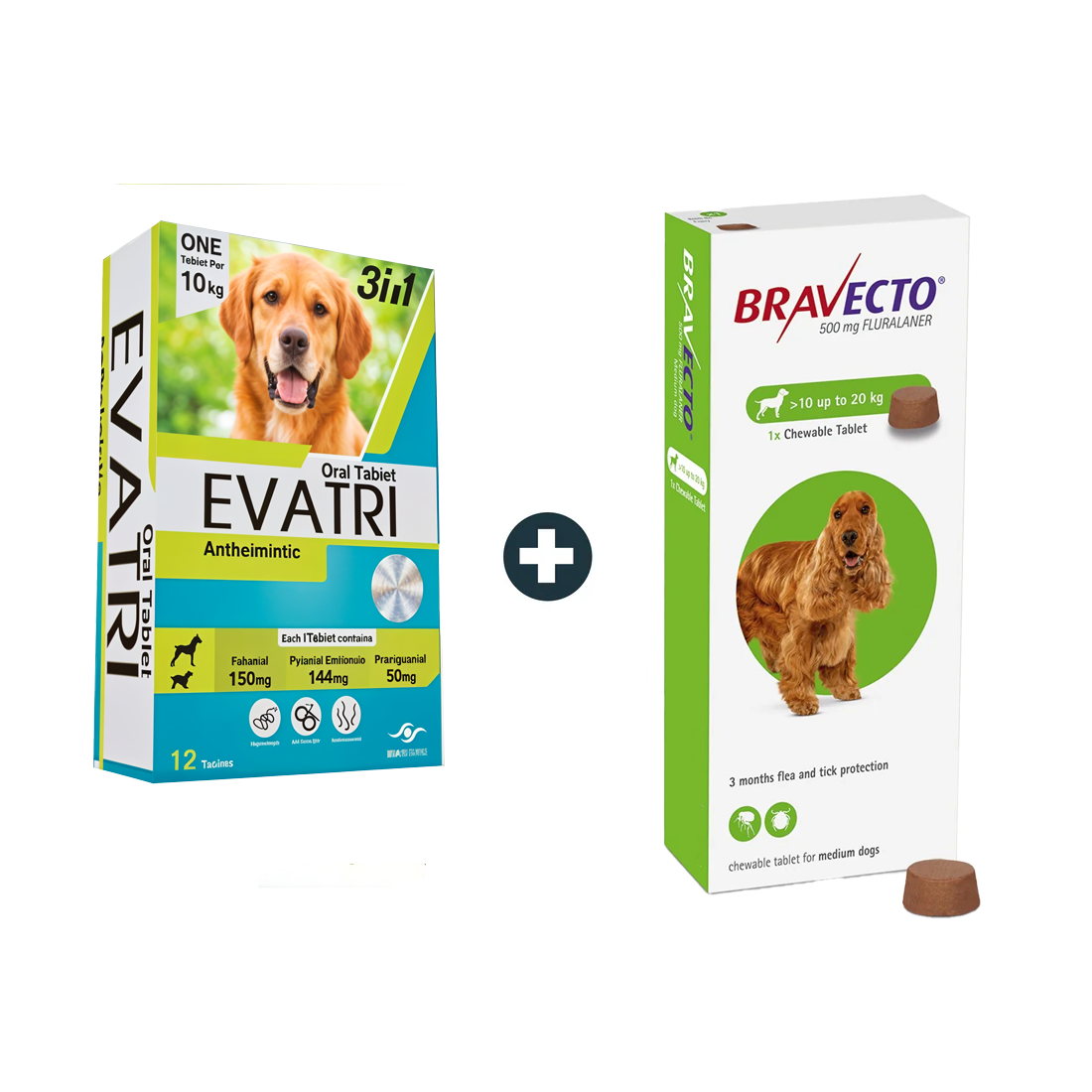 EVATRI Dog De-worming Tablets (2 Tablets) + Bravecto MSD 10-20Kg Flea & Tick Treatment
