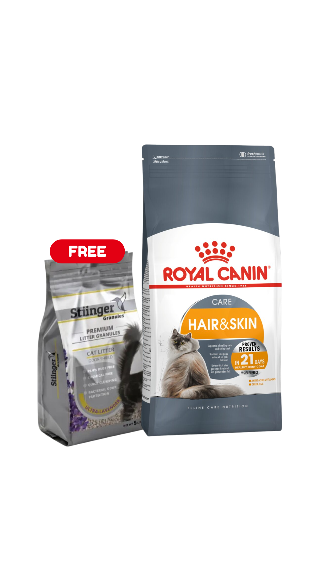 Hair & Skin 4 or 10kg + FREE Stiinger Premium Litter 4kg