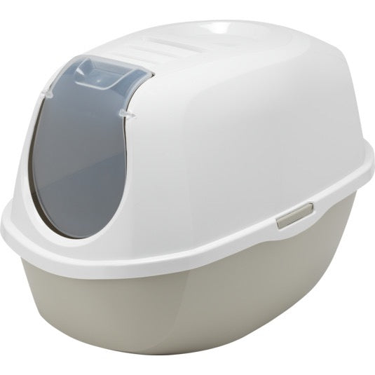 Pet litter box with a transparent lid on a white background