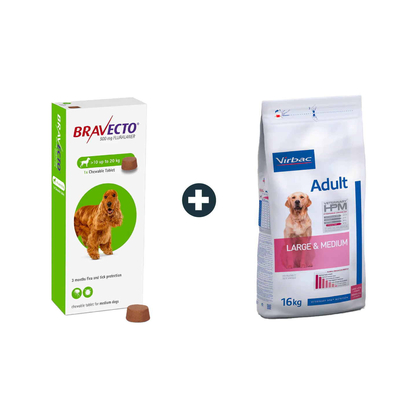 Bravecto MSD 10-20Kg Flea & Tick Treatment + Large & Medium Virbac Adult Dog Food - 16Kg