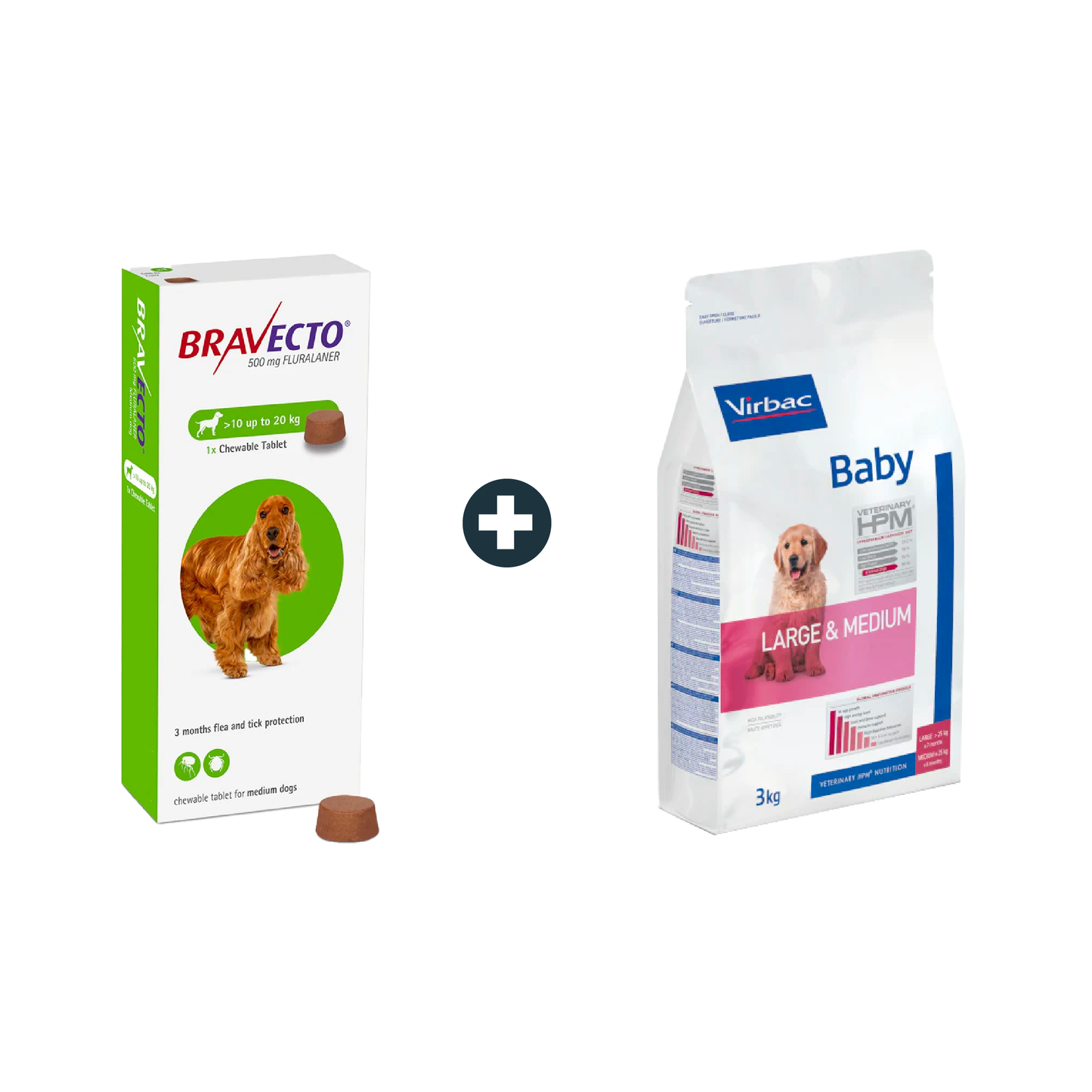 Bravecto MSD 10-20Kg Flea & Tick Treatment + Large & Medium Virbac Baby Dog Food - 3Kg