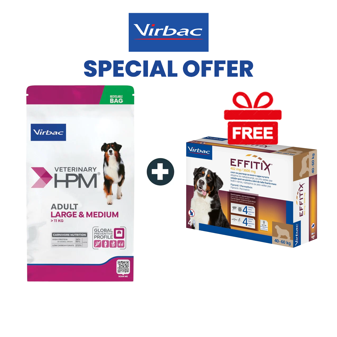 Large & Medium Virbac Adult Dog Food - 16Kg + FREE Virbac Effitix Spot On Flea Solution 40-60Kg - 1 Ampoule